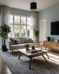 Traditional home interior with neutral tones a large sofa and a rug under the furniture for a cozy and elegant living space