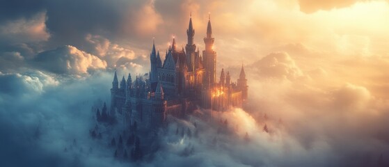 Majestic castle rising above clouds at sunset, showcasing intricate architecture and dramatic lighting effects