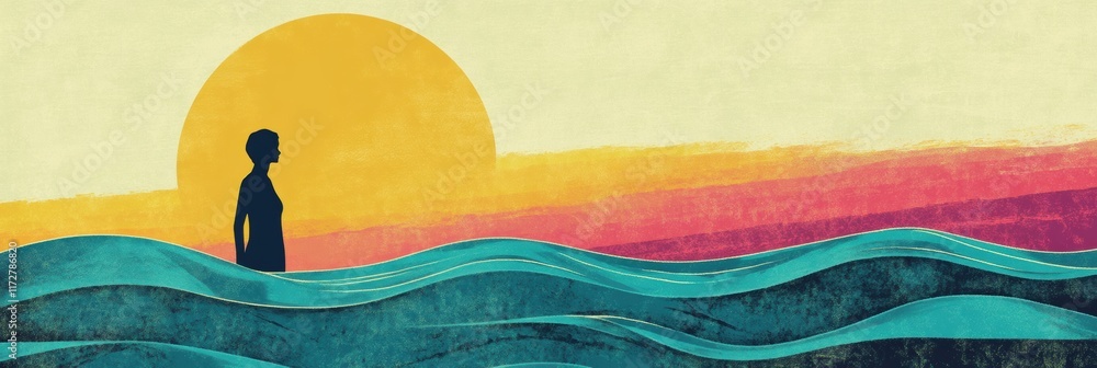 Poster retro risograph artwork capturing a tranquil sunset by the sea with a silhouette of a person standin