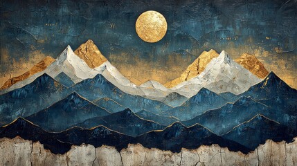 Majestic mountain range under golden moonlight nature scene art illustration tranquil environment aerial view