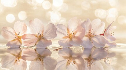 Blooming cherry blossoms with a minimalist display pedestal on soft pink background