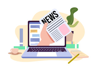 online news concept digital newspaper document laptop screen vector flat illustration