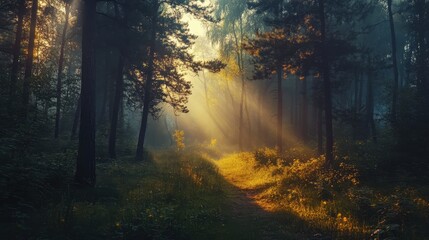 Misty forest path illuminated by sunlight during early morning hours in a tranquil woodland setting