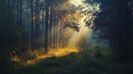 Fototapeta premium Misty forest path illuminated by sunlight during early morning hours in a tranquil woodland setting