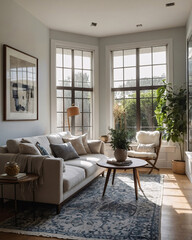 Fototapeta premium Airy traditional living room with light neutral couch large windows and textured rug under furniture