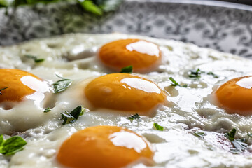 English breakfast on a plate. Ham and eggs sprinkled with parsley