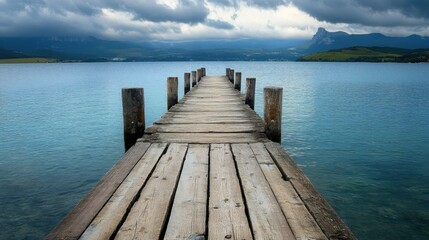 Experience tranquility on weathered wooden piers extending into calm waters under a moody sky