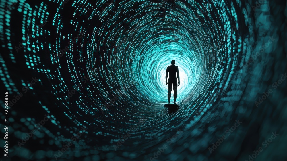 Aufkleber silhouette of a person standing in a digital data tunnel concept