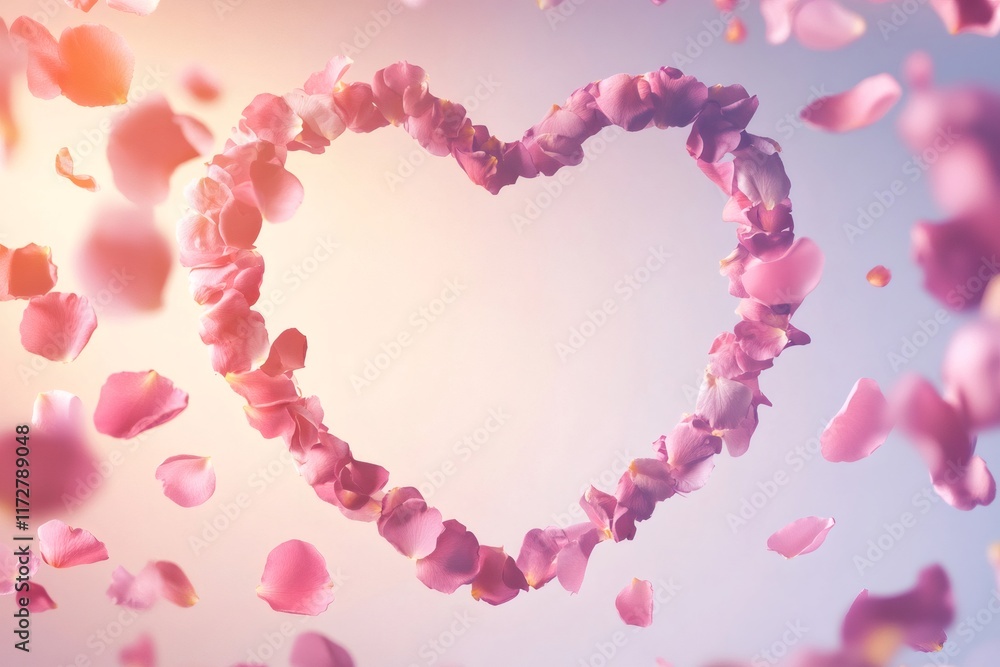 Poster rose petals form a heart shape floating on a gradient background, creating a romantic and dreamy atm