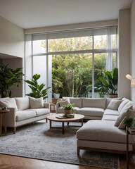 Fototapeta premium Classic and inviting traditional living room with neutral sofa expansive windows and a stylish rug under the furniture