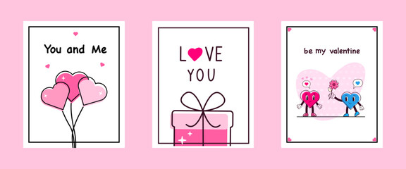 Set Valentines day postcard. Heart character, balloons, gift box.  Retro groovy pink. Vector illustration.