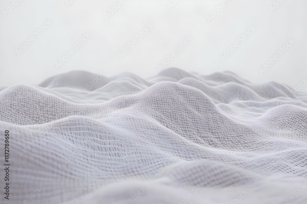 Poster abstract textured white fabric background. soft, flowing waves of gauze create a calming, minimalist