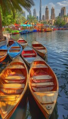 Wooden boats on a calm waterway, city skyline backdrop.