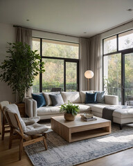 Naklejka premium Classic interior design with neutral couch expansive windows and a cozy rug beneath the furniture ideal for modern living rooms