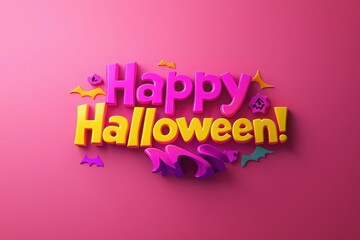 Fototapeta premium Festive decoration displays the cheerful message Happy Halloween in vibrant colors, surrounded by playful bats and other spooky icons, set against a bright pink backdrop.