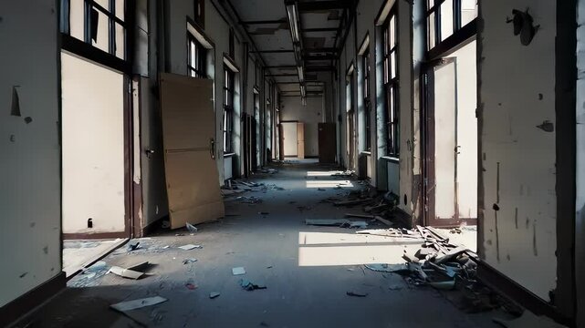 Abandoned Hallway Filled With Debris in a Deserted Building During Daylight Hours