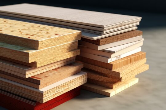 Different types of chipboard, plywood, mdf, hdf, blockboard, particle board, laminate, veneer, osb oriented strand board and other engineered wood samples