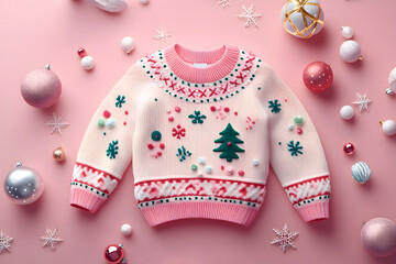  Festive Christmas Sweater with Ornaments on Pink Background