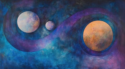 Abstract painting of infinity symbol with planets in space.