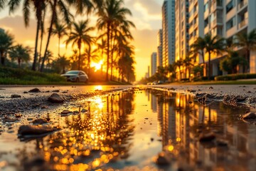 Sunset reflecting on wet city street, with palm trees, cars, and buildings against a vibrant sky. Concept of tranquility and urban beauty. Ai generative