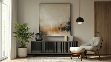 single bold focal point, such as a large abstract painting or a unique piece of furniture, anchoring the design. The space balances contrasting styles with clean lines, neutral tones