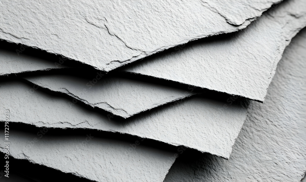 Poster Abstract grayscale image of layered slate, showcasing texture and shadow interplay. Ideal for design, architecture, or nature-themed projects.