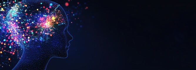 Obraz premium Digital Neural Network Concept with Glowing Connections. A futuristic depiction of a human profile interconnected with glowing blue neural networks and data points