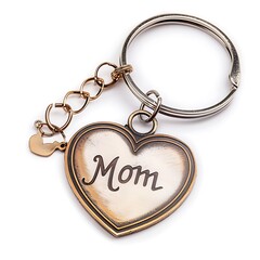 heart-shaped keychain with "mom" engraving