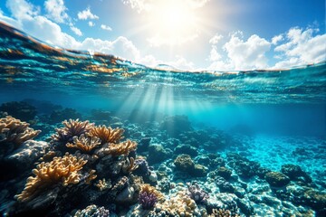 Obraz premium Underwater view of a coral reef with vibrant corals, sunlight penetrating clear blue water, and a bright sky above. Nature, marine ecosystem concept. Ai generative