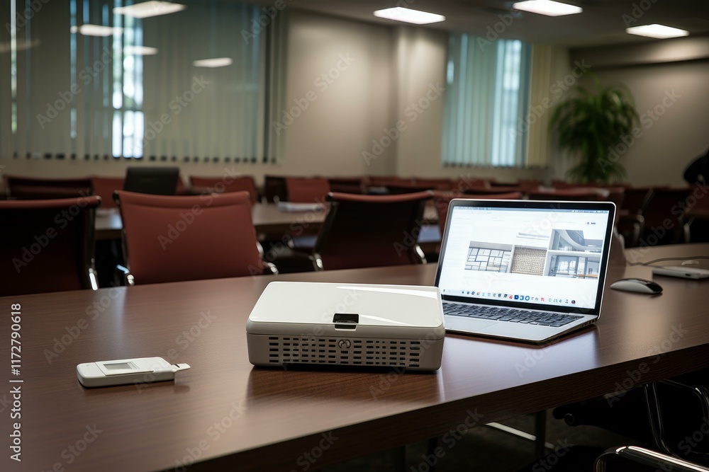 Poster projector and laptop displaying home design website in empty conference room