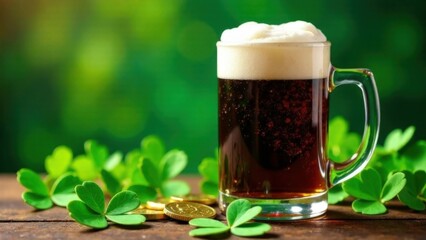 Glass mug with dark guinness beer on wooden table surrounded by green shamrocks. Traditional celebration of st patrick's day