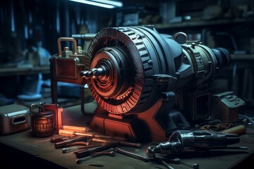 Fototapeta premium Futuristic movie camera undergoing maintenance in a dimly lit workshop, surrounded by tools and equipment