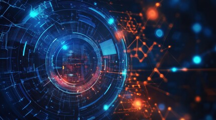 Obraz premium Visual representation of abstract technology with glowing elements and dynamic shapes in blue and orange hues