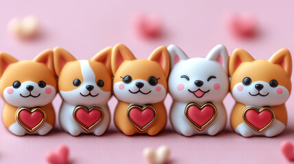Obraz premium Cute Dogs with Red Hearts on a Pink Background. Valentine's day card. Love and Romantic concept