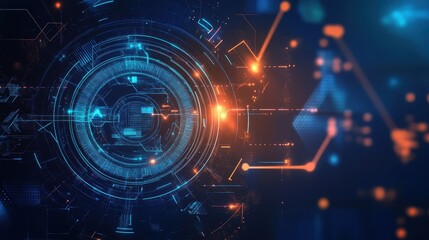 Fototapeta premium Visual representation of abstract technology with glowing elements and dynamic shapes in blue and orange hues