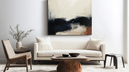 single bold focal point, such as a large abstract painting or a unique piece of furniture, anchoring the design. The space balances contrasting styles with clean lines, neutral tones