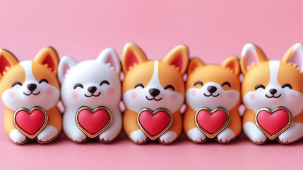 Obraz premium Cute Dogs with Red Hearts on a Pink Background. Puppy and Valentine. Valentine's day card. Love and Romantic concept