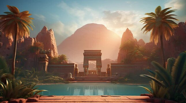 A view of ancient Egyptian buildings, a pond, and a mountain. 4k animated video