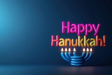 Fototapeta premium A vibrant display features a colorful sign reading Happy Hanukkah alongside a menorah with glowing candles. The setting is dark, enhancing the festive mood of the Jewish holiday.