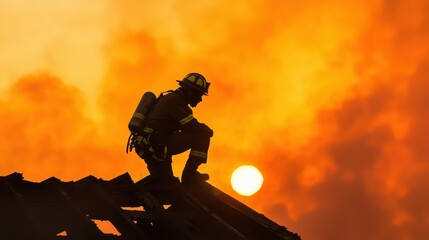 Obraz premium Firefighter Silhouette Against Dramatic Sunset in Emergency Situation