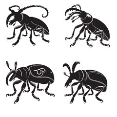 4 Set of Graceful Silhouettes of the T Vine Weevil Elegantly Framed on a White Background in Monochrome Art