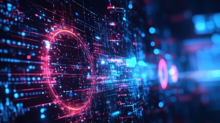 Neon data streams flow through a futuristic digital tunnel illuminated by vibrant colors