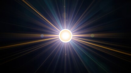 Esoteric luminous sun with radiant light rays in vibrant colors against a dark background