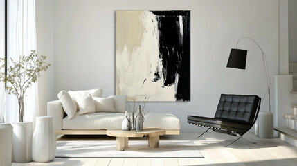 single bold focal point, such as a large abstract painting or a unique piece of furniture, anchoring the design. The space balances contrasting styles with clean lines, neutral tones