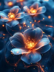 Glowing blue flowers with orange sparks.