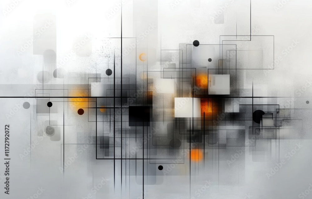 Poster a captivating blend of shapes and textures in monochrome with subtle pops of orange, creating a stri