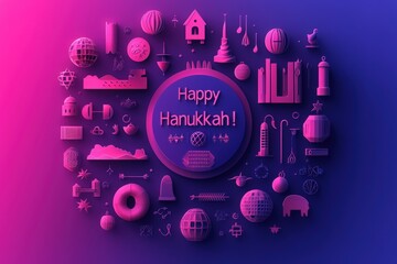 Fototapeta premium Colorful decorations showcasing various symbols of Hanukkah such as menorahs, dreidels, and stars fill the composition.