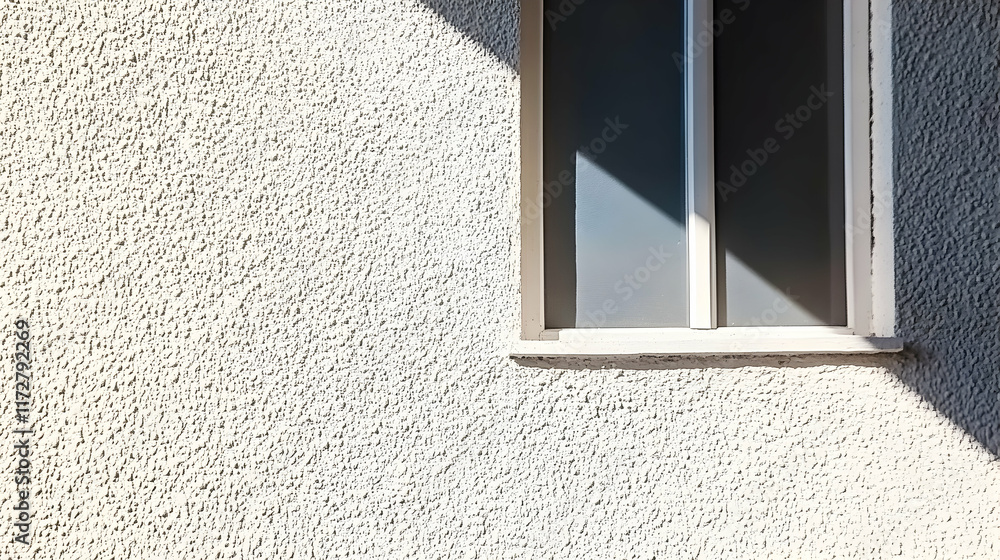 Poster minimalist architectural detail a textured stucco wall with a single window casting a shadow. perfec