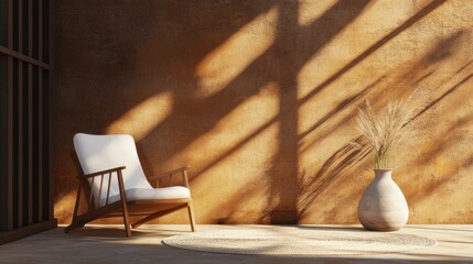 Sunlit room with armchair, vase, and textured wall.