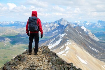 Obraz premium Hiker in Red Jacket on Mountain Peak Surrounded by Vast Landscape